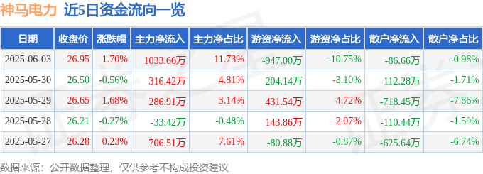 股票行情快报：神马电力（603530）6月3日主力资金净买入103366万元(图1)